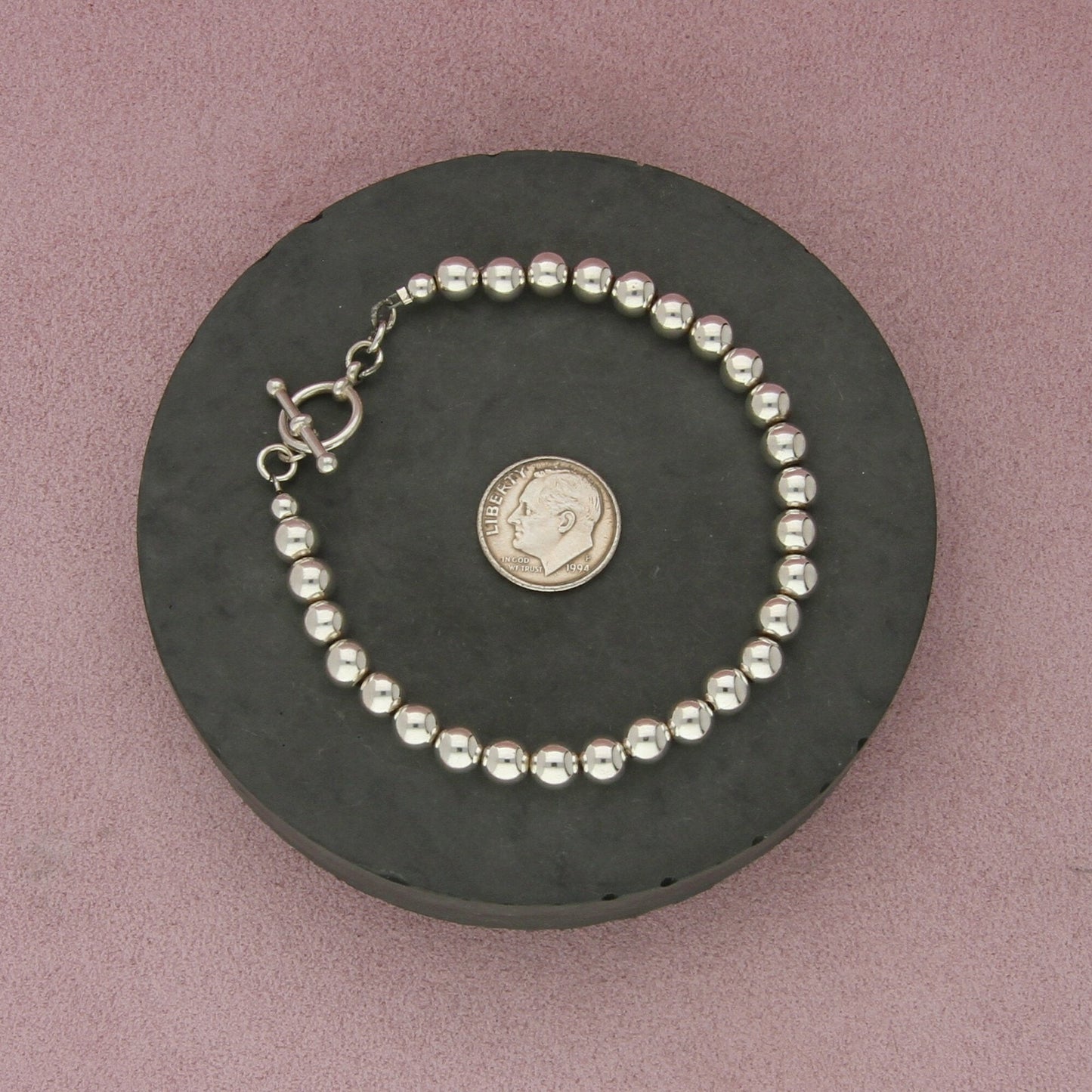 sterling silver 6mm bead chain toggle bracelet size 7.5in