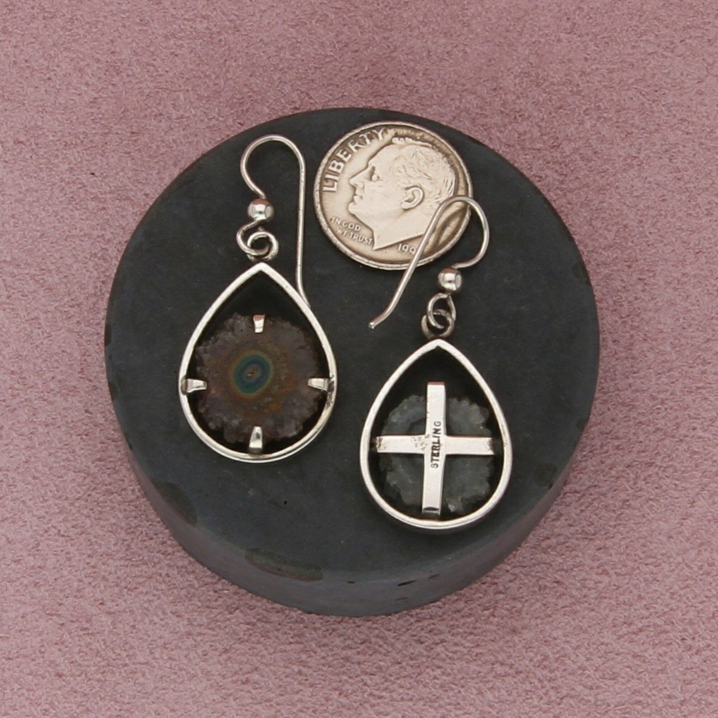 sterling silver vintage artisan-crafted geode slice crystal dangle earrings