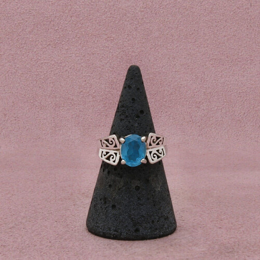 Sterling Silver Blue Topaz Oval-Cut Openwork Scroll Shoulders Ring Size 6