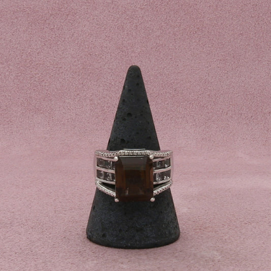 sterling silver emerald-cut smoky quartz & white topaz ring size 9