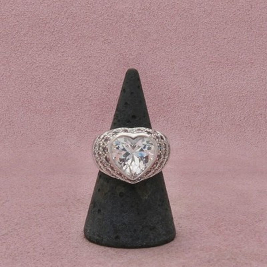 Sterling Silver Bezel-Set Pink & Clear C Z Heart Halo Ring Size 7.25