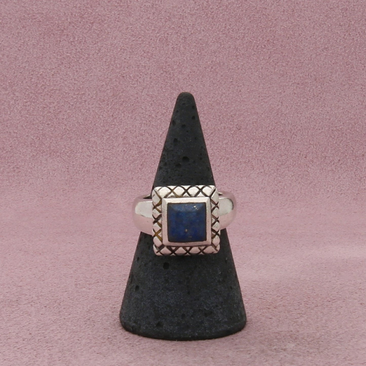 sterling silver quilted pattern lapis lazuli square ring size 6.75