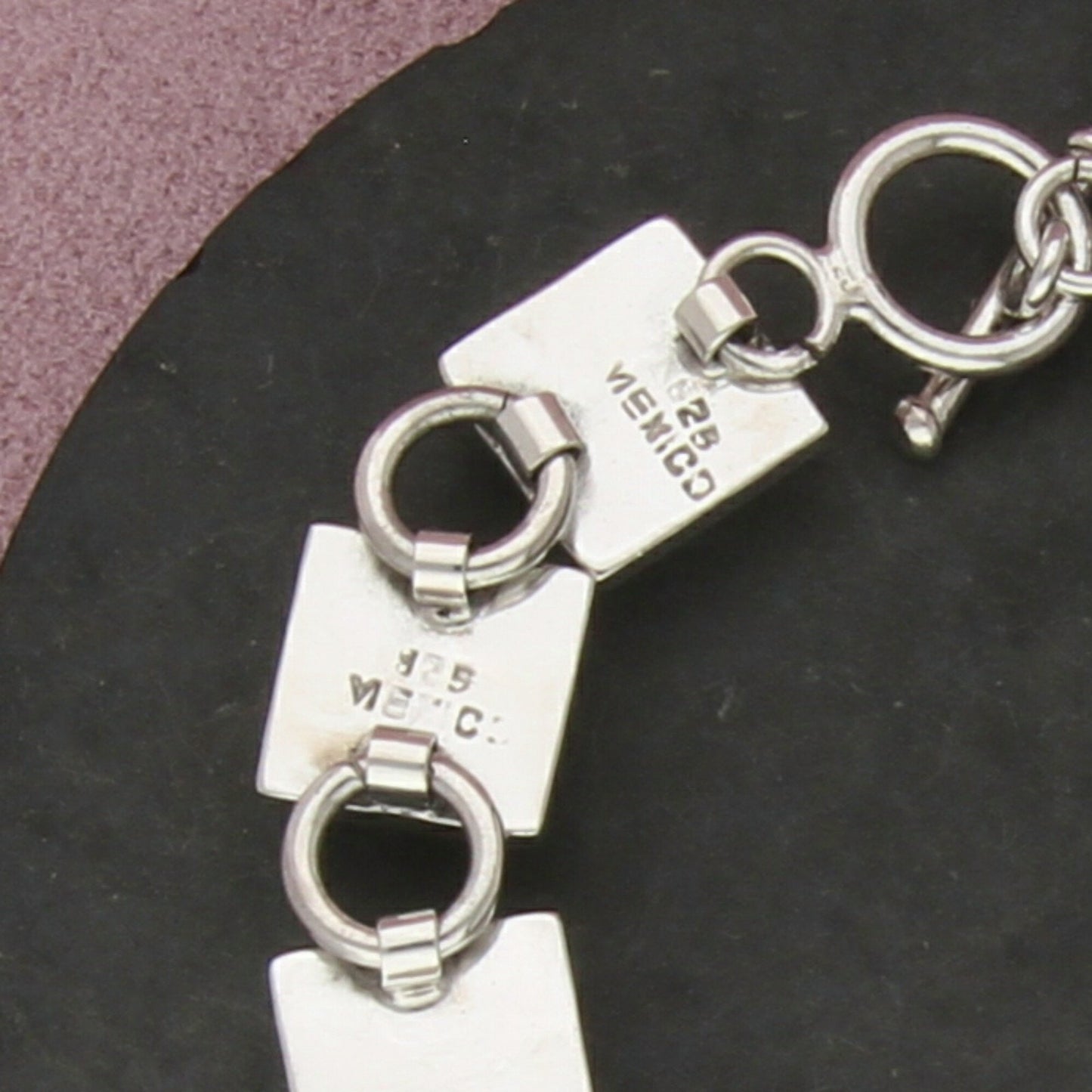 mexico sterling silver coral square link toggle bracelet size 7.5in