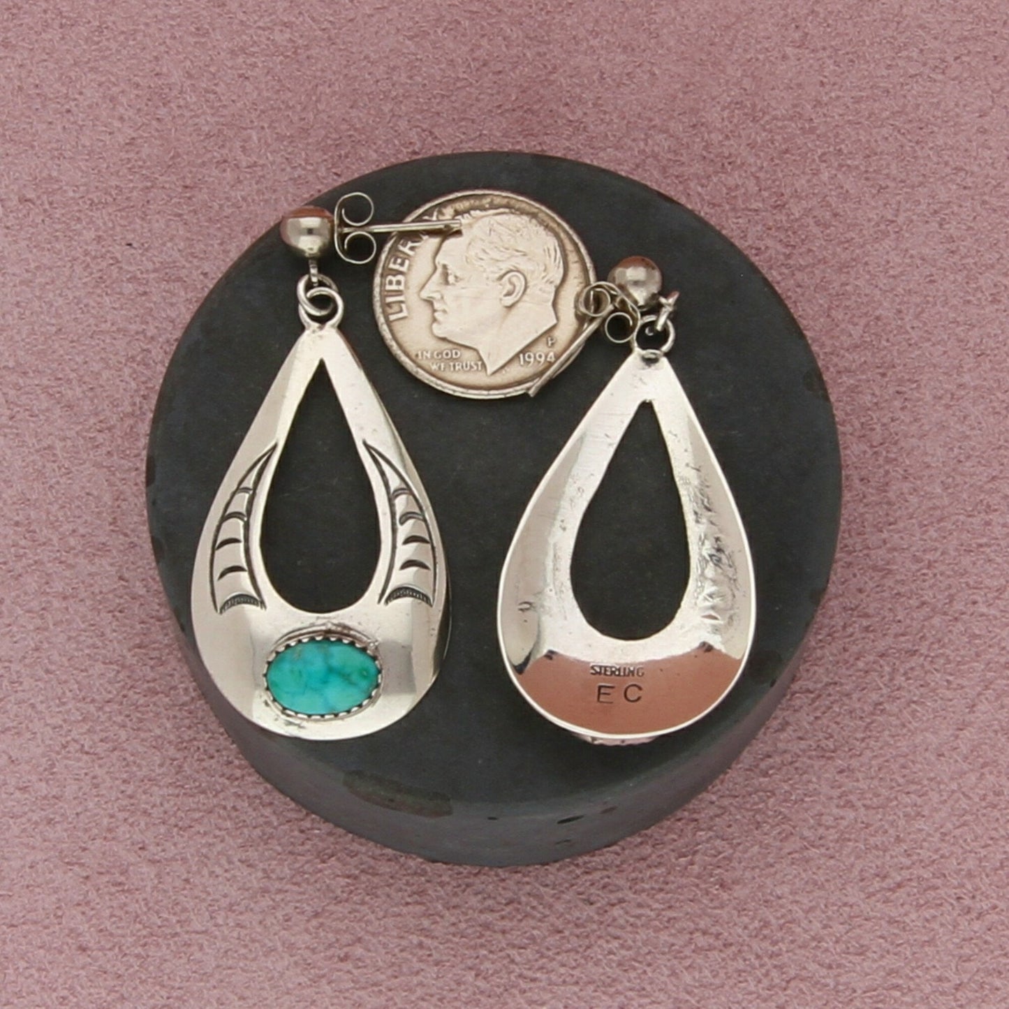 navajo sterling silver vintage signed turquoise drop post dangle earrings