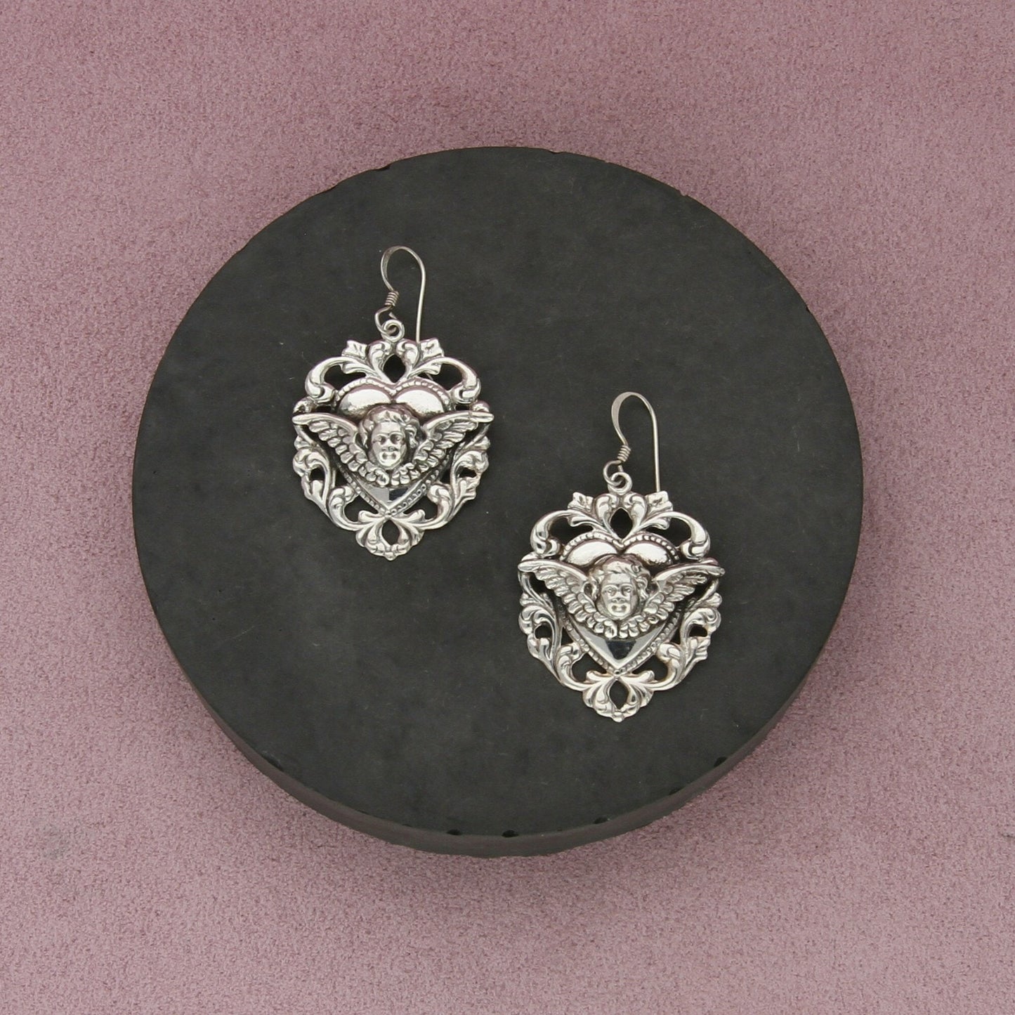 sterling silver vintage cherub angel scroll heart dangle earrings