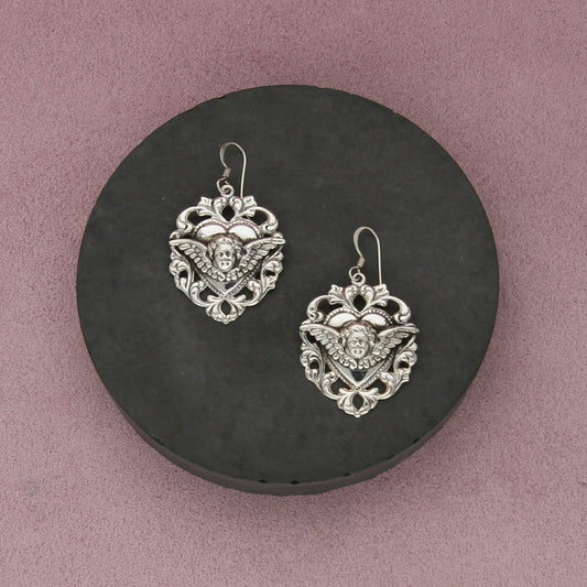 sterling silver vintage cherub angel scroll heart dangle earrings