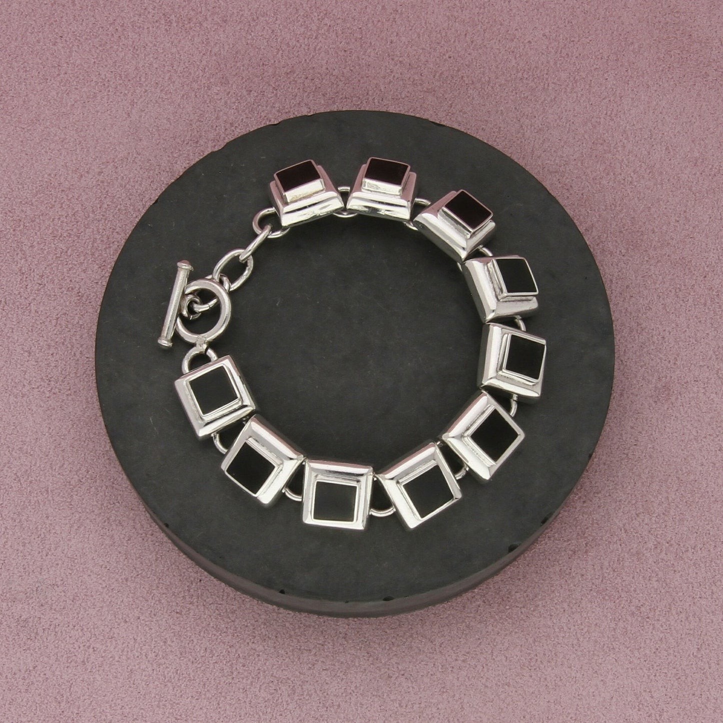 mexico sterling silver vintage onyx square link toggle bracelet size 7.25in