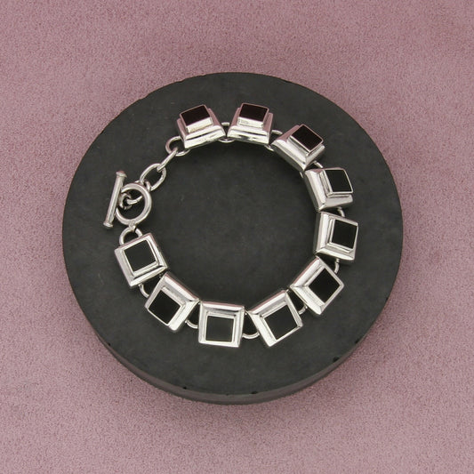 mexico sterling silver vintage onyx square link toggle bracelet size 7.25in