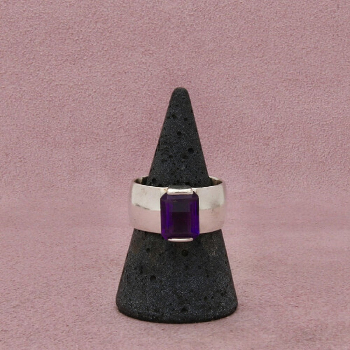 Sterling Silver Vintage Amethyst Rectangular-Cut Wide Polished Band Ring Size 9