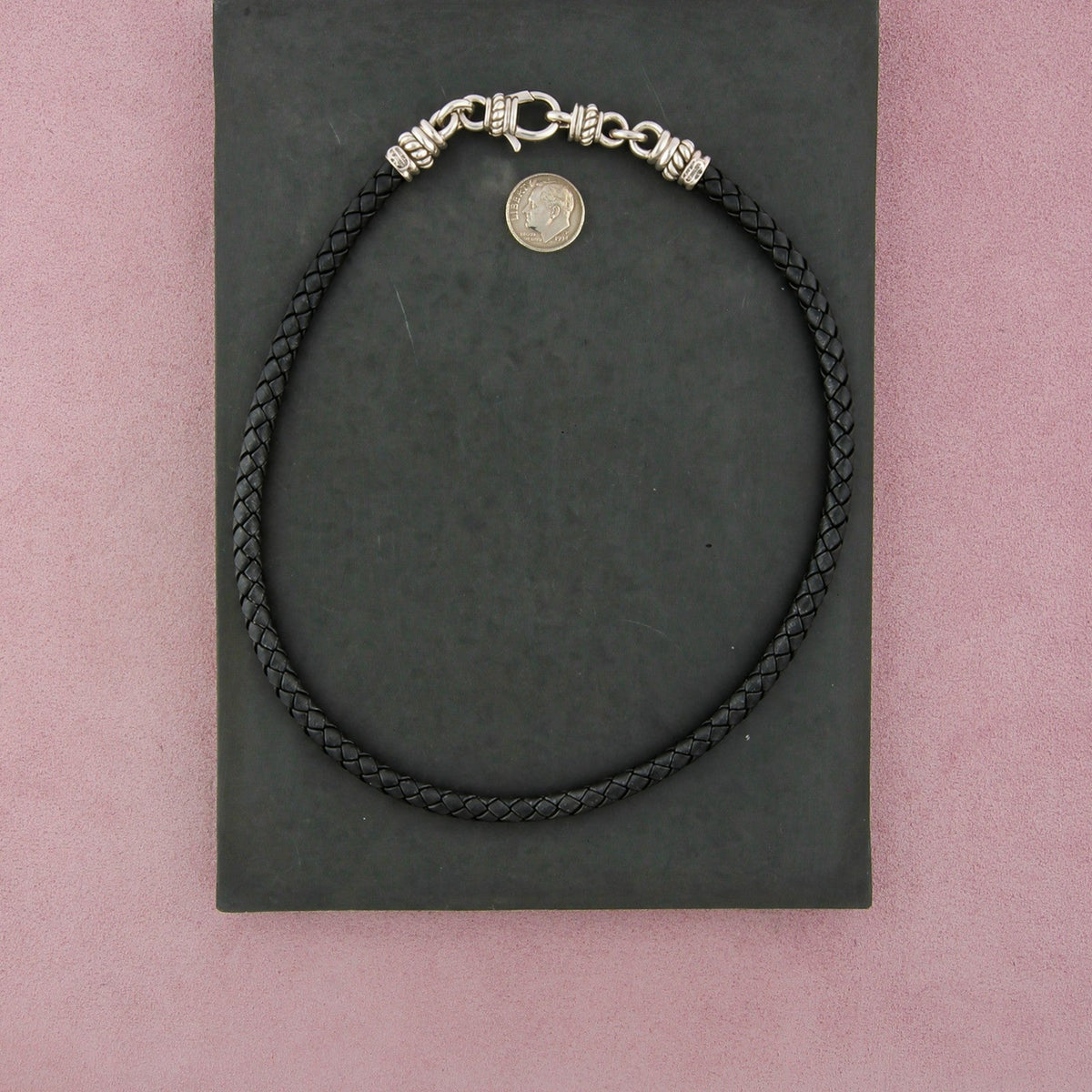 Judith Ripka Sterling Silver 7mm Black Leather Braided Magnetic Necklace 18in