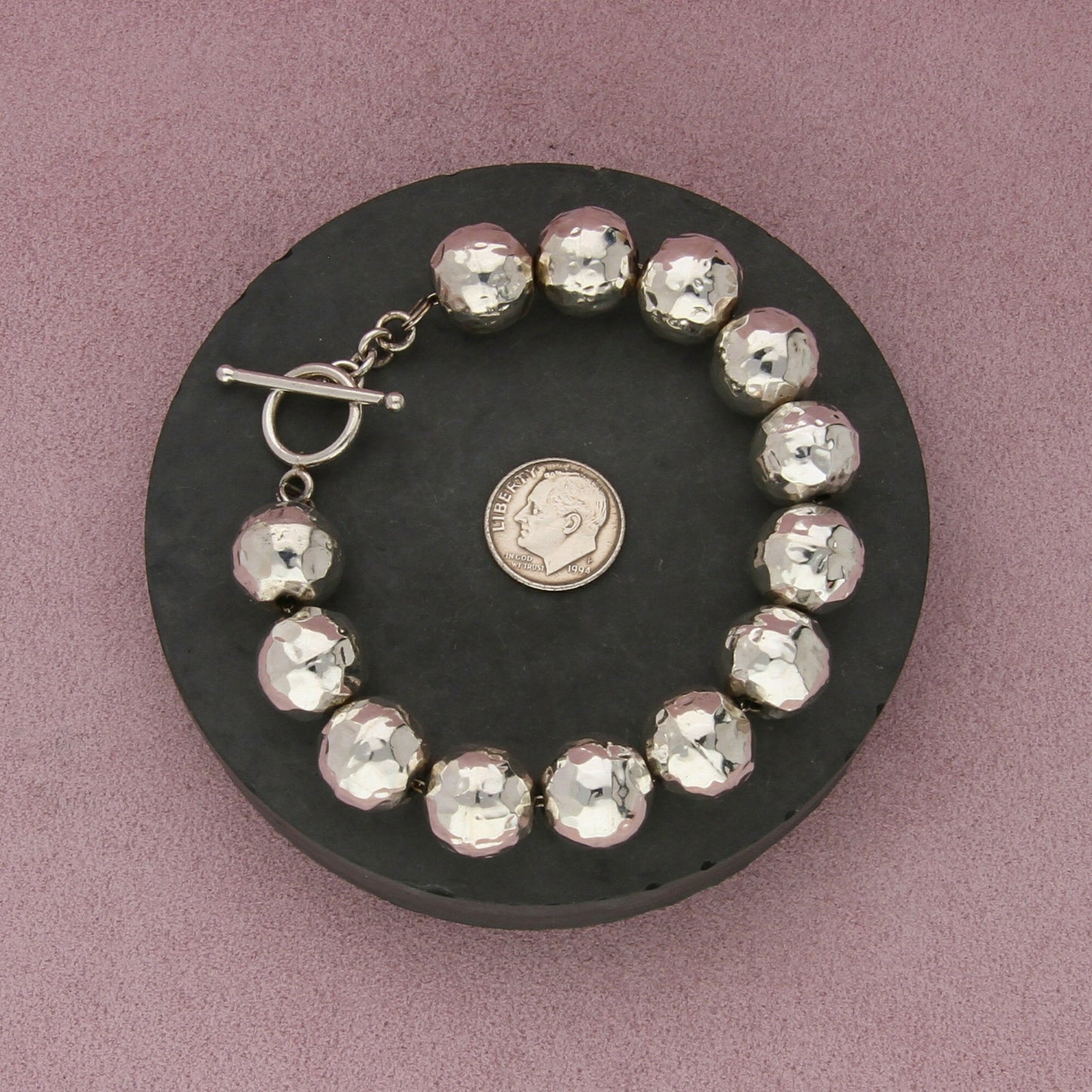 sterling silver chunky hammered bead toggle bracelet size 7in