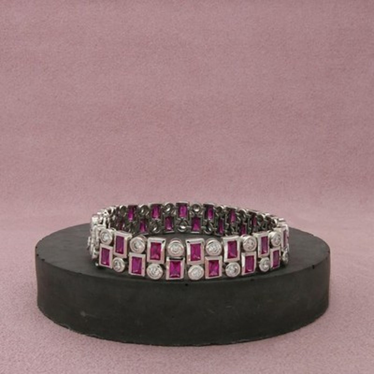 Sterling Silver Bezel-Set Red Ruby & C Z Two Row Tennis Bracelet Size 7in