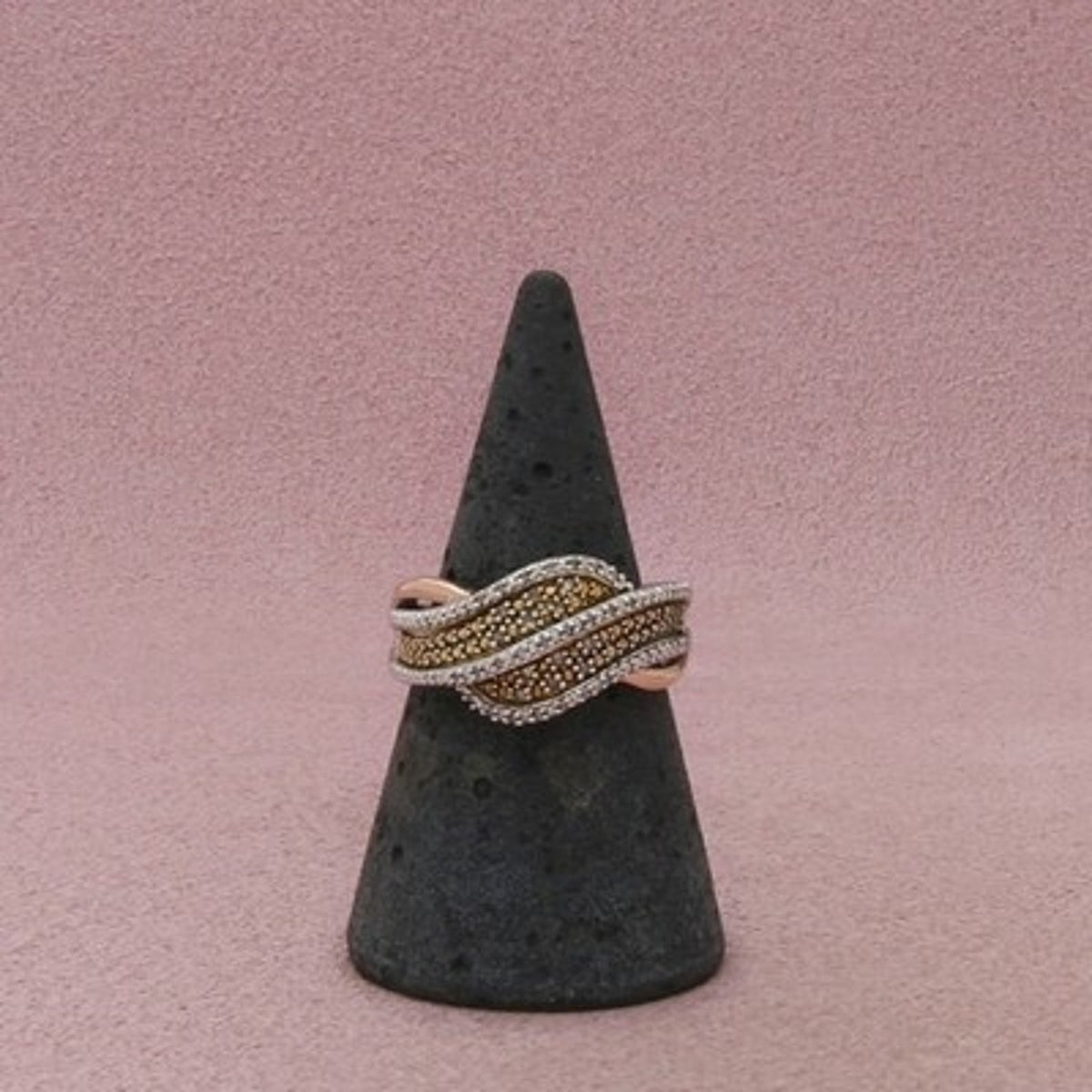 Danbury Mint Sterling Silver Two Tone Diamond Wave Beaded Detail Ring Size 6.75
