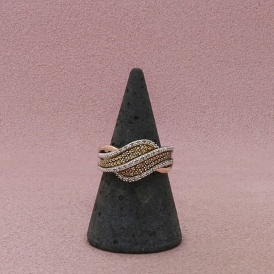 Danbury Mint Sterling Silver Two Tone Diamond Wave Beaded Detail Ring Size 6.75