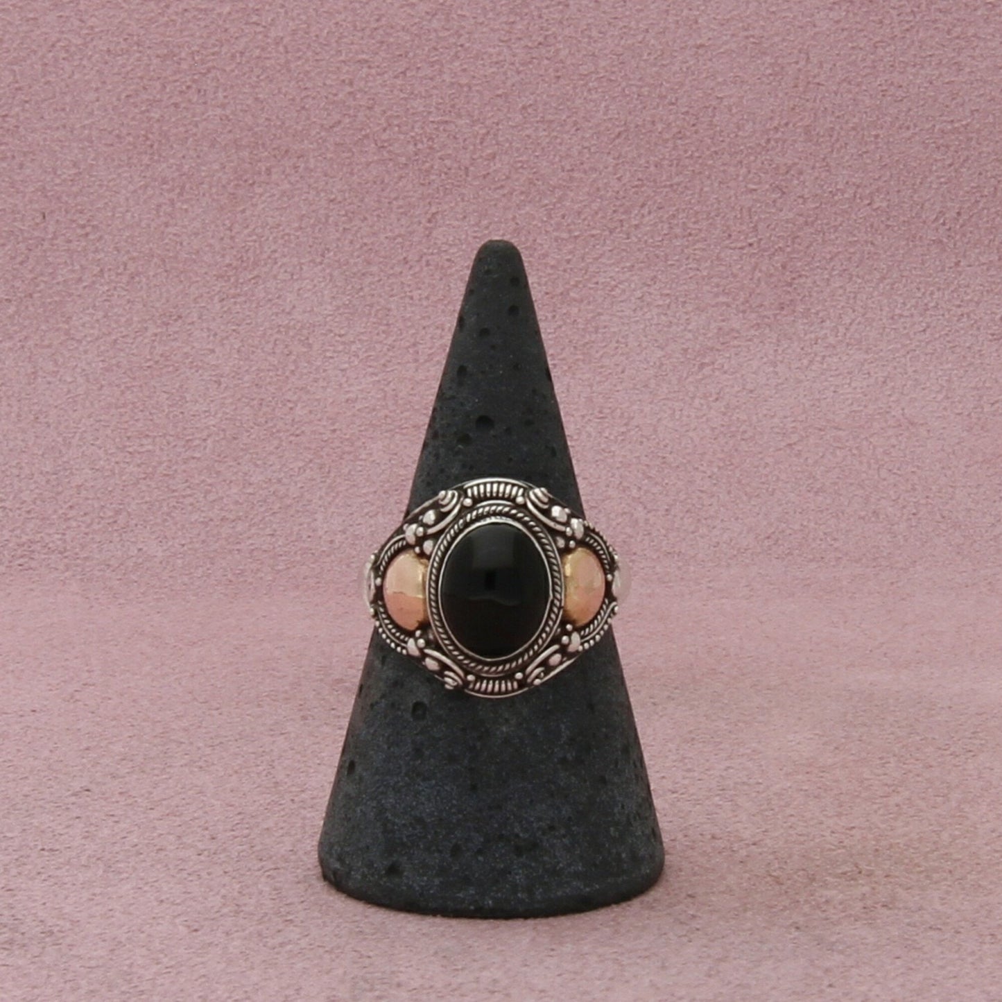 sterling silver & 18k gold bali beaded onyx ring size 8.5