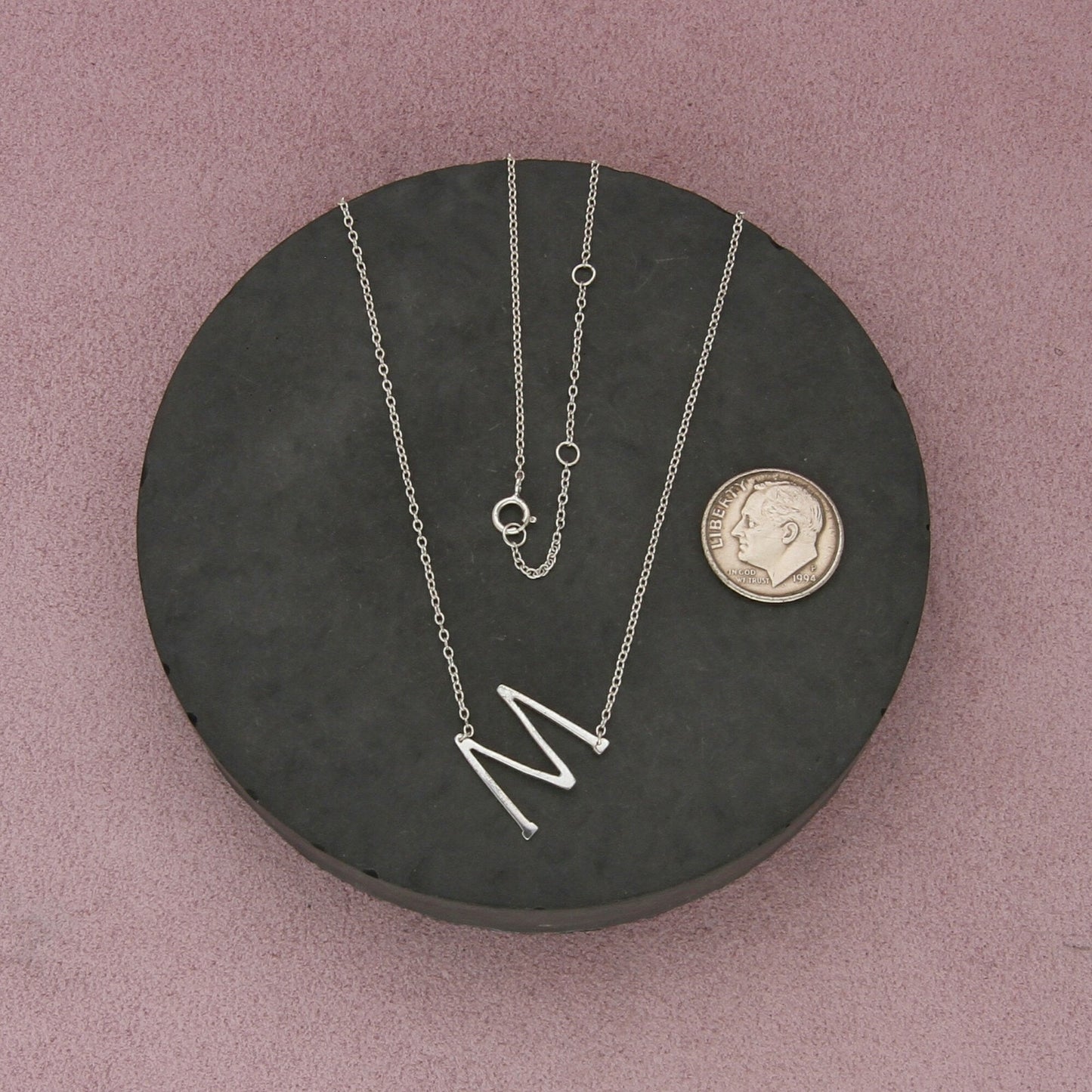sterling silver dainty letter m initial necklace size 16-18in