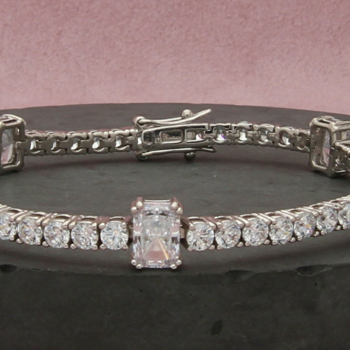 sterling silver elongated cushion-cut cz tennis bracelet size 6.75in