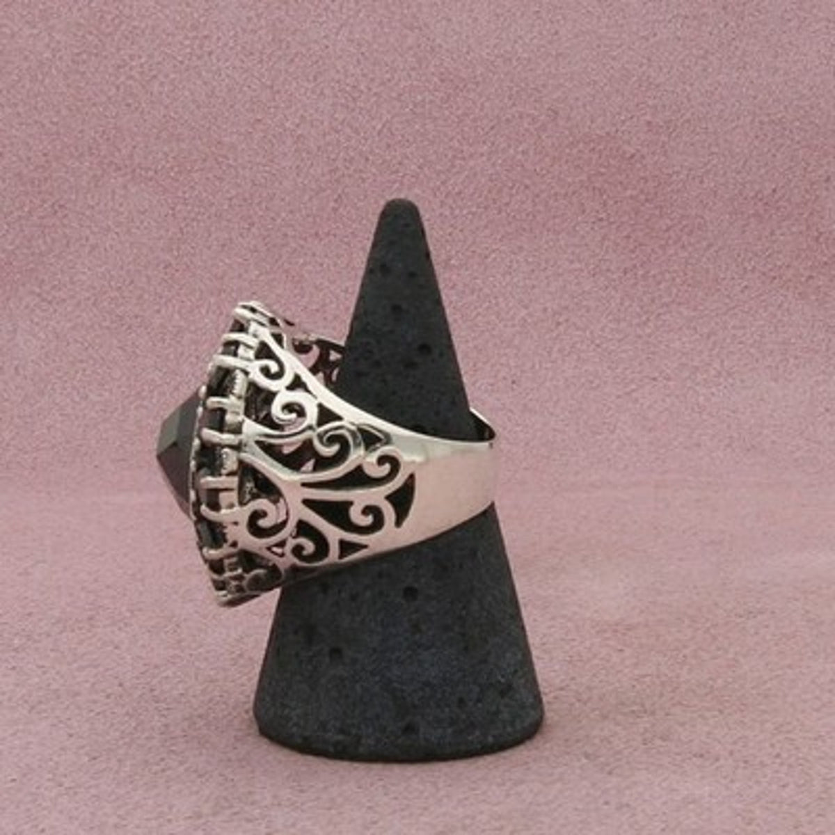 Sterling Silver Chunky Marcasite & Black Cz Cocktail Ring Size 8.5