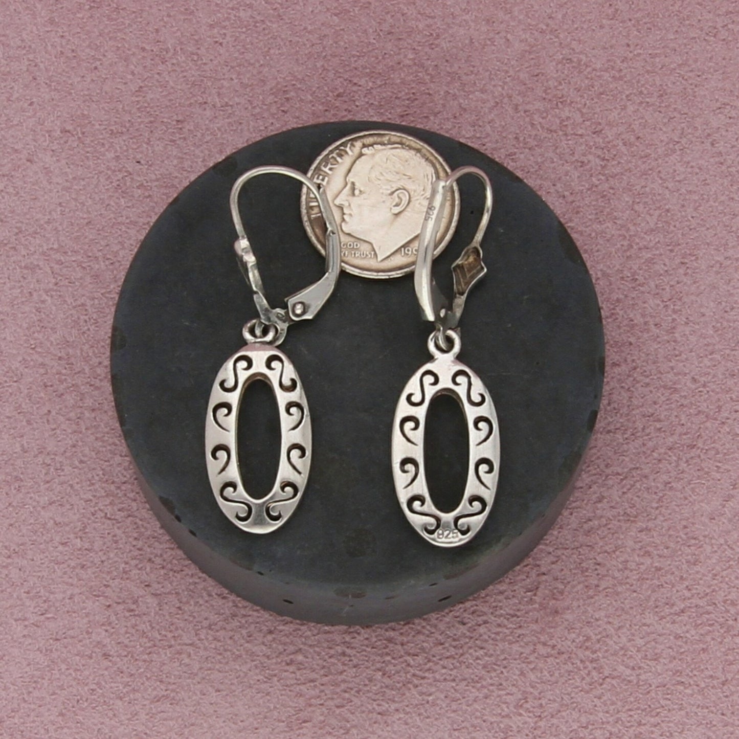 sterling silver scrolled oval dangle leverback earrings