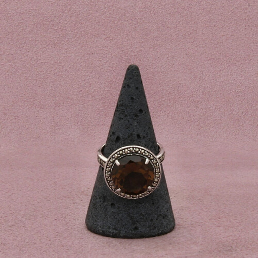 Sterling Silver Smoky Quartz & Round-Cut Marcasite Beaded Halo Ring Size 7.25