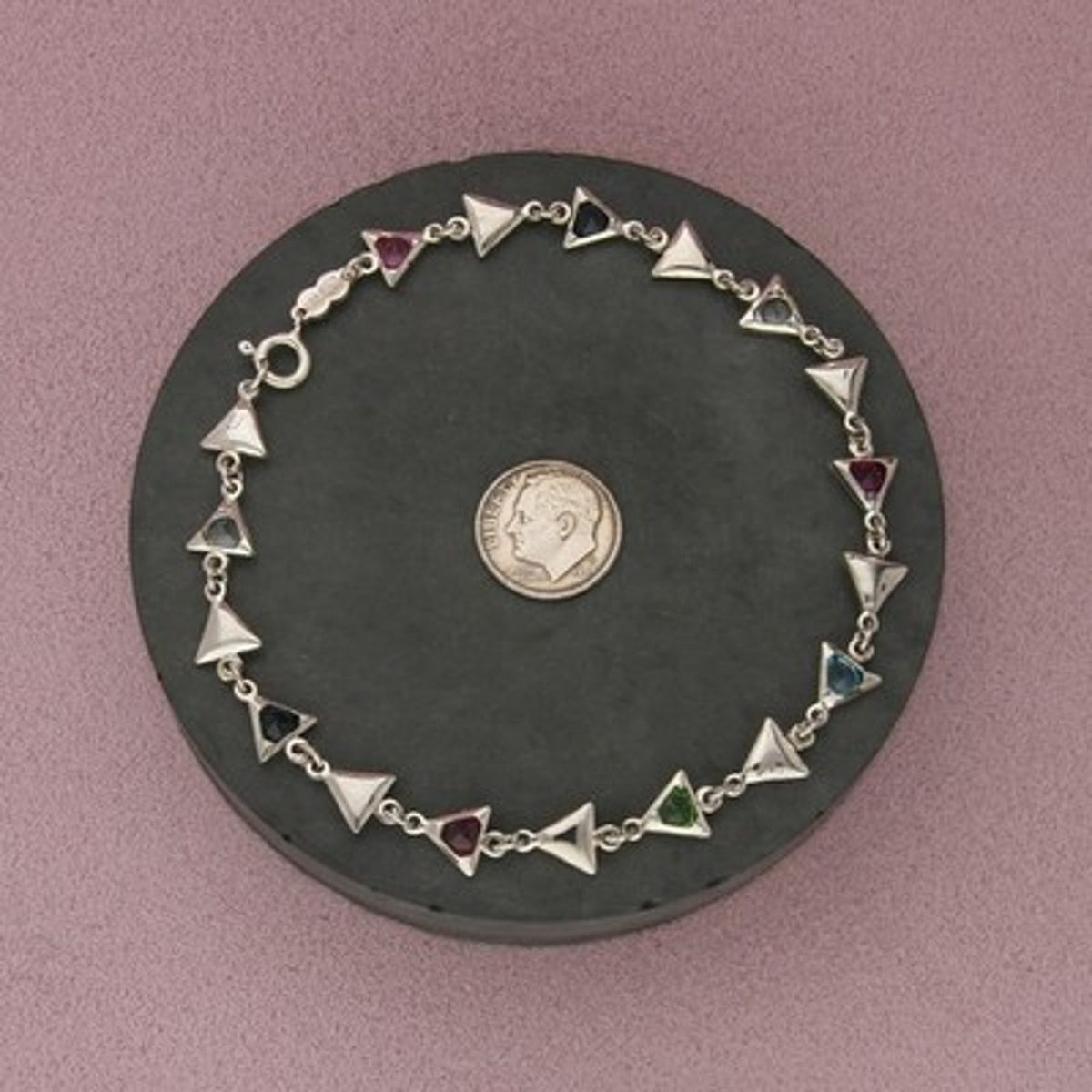 Sterling Silver Multicolor Rhinestone Triangle Link Anklet Size 10in