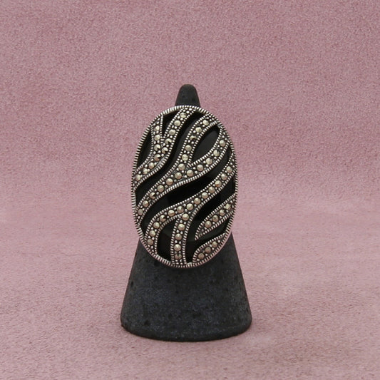 judith jack sterling silver onyx & marcasite studded zebra stripes ring size 6
