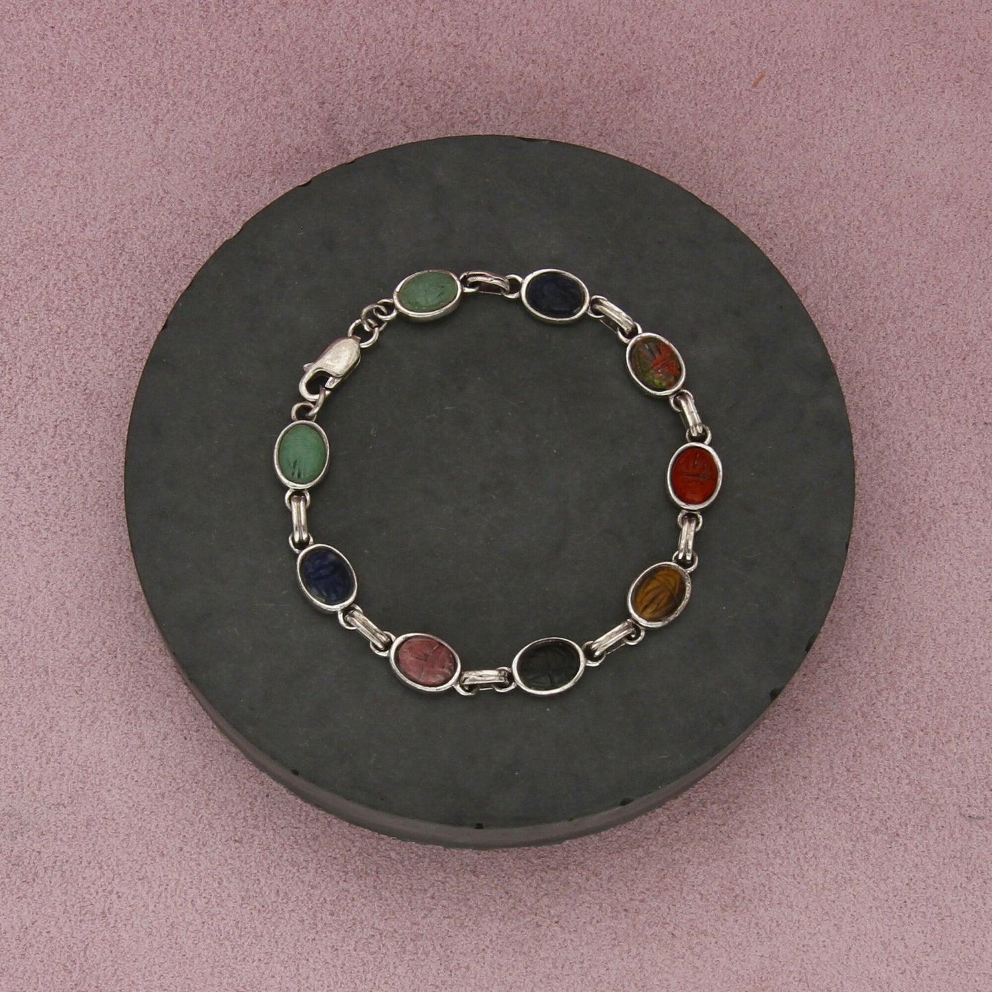 sterling silver vintage multi-stone scarab beetle link bracelet size 7in