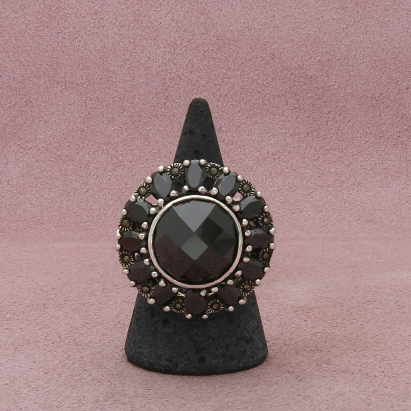 sterling silver chunky marcasite & black cz cocktail ring size 8.5