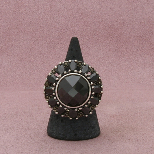 sterling silver chunky marcasite & black cz cocktail ring size 8.5