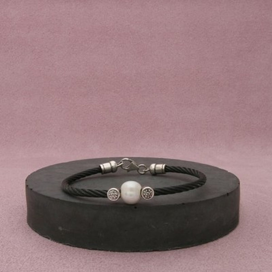 Sterling Silver & Stainless Steel White Pearl & Diamond Bracelet Size 6in