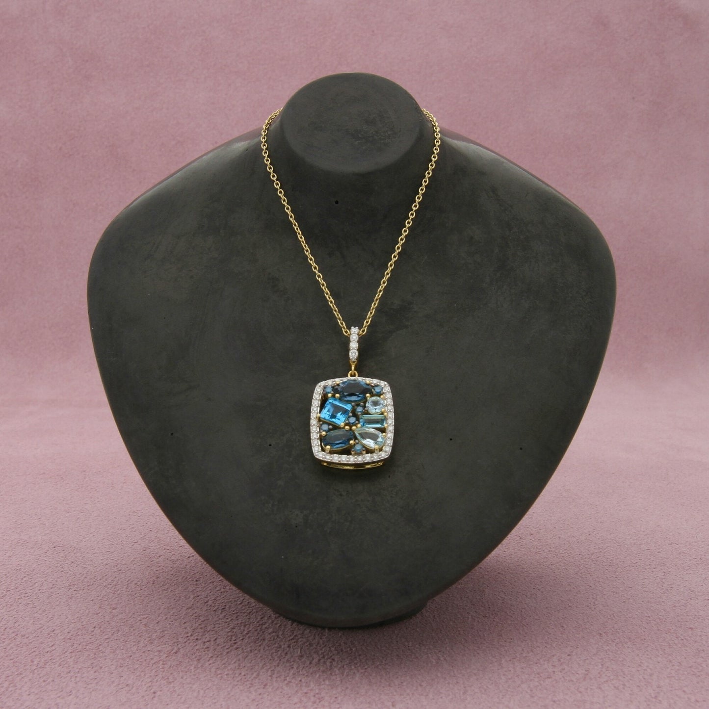 sloane street 18k yellow gold diamond blue topaz cluster necklace size 16-18in