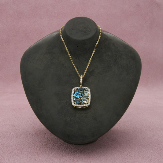 sloane street 18k yellow gold diamond blue topaz cluster necklace size 16-18in
