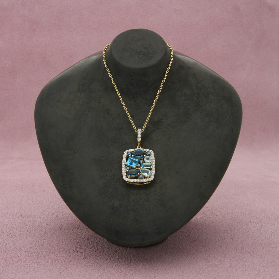 sloane street 18k yellow gold diamond blue topaz cluster necklace size 16-18in