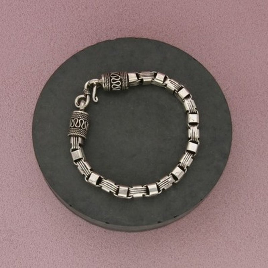 Sterling Silver Vintage Bali Unique Ribbed Box Chain Bracelet Size 6.25in