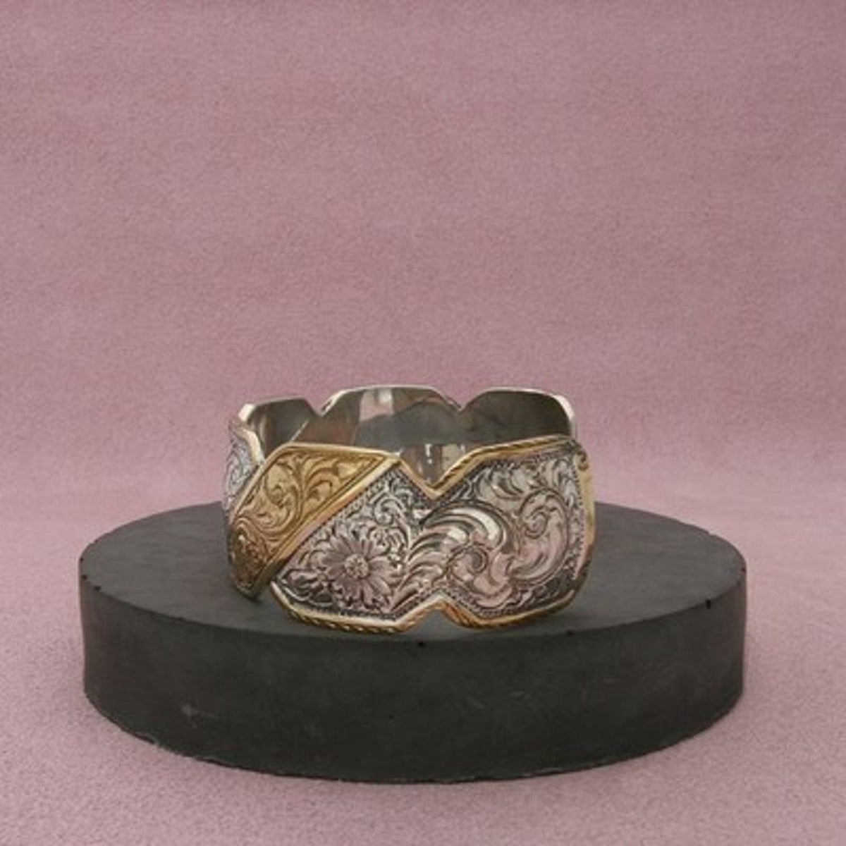 Crumrine Silver & Gold Plated Vintage Etched Floral Cuff Bracelet 6.75in
