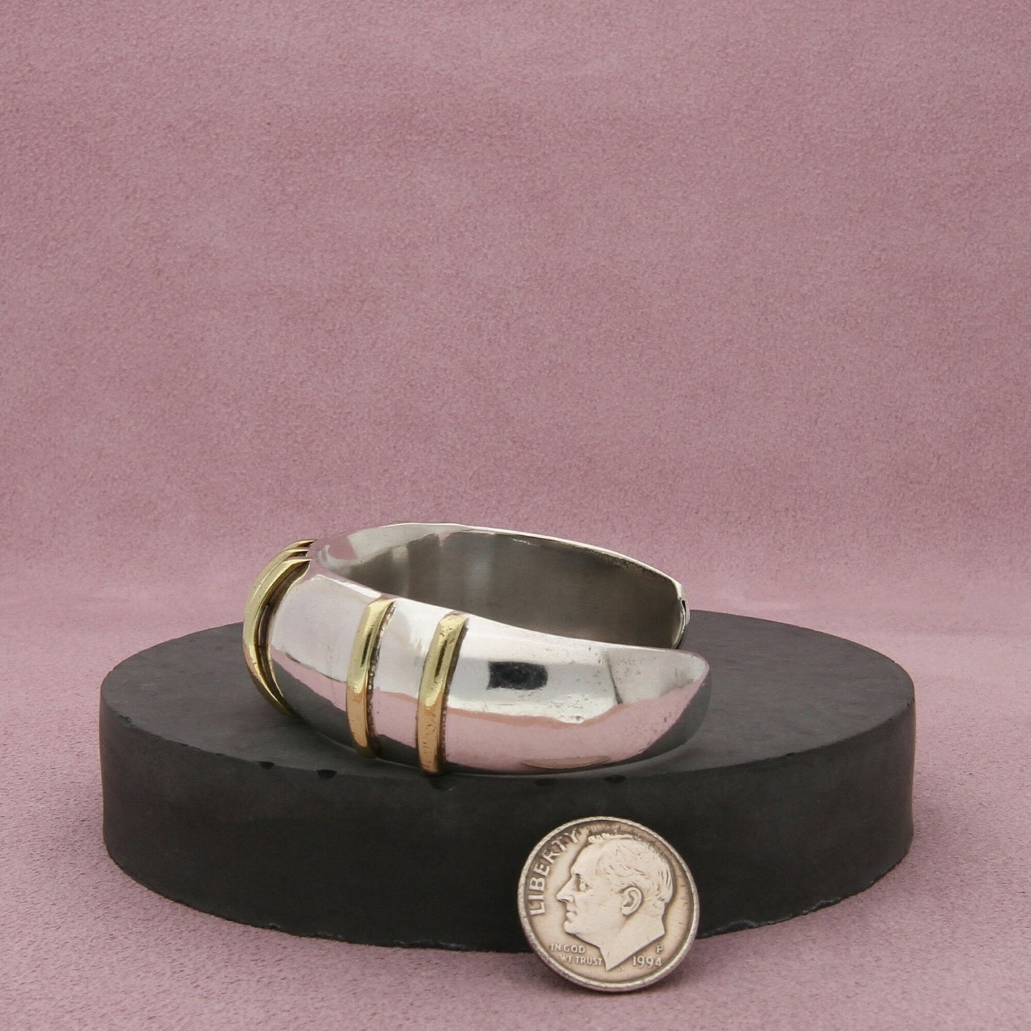 taxco mexico sterling silver & brass accent striped cuff bracelet size 6.5in