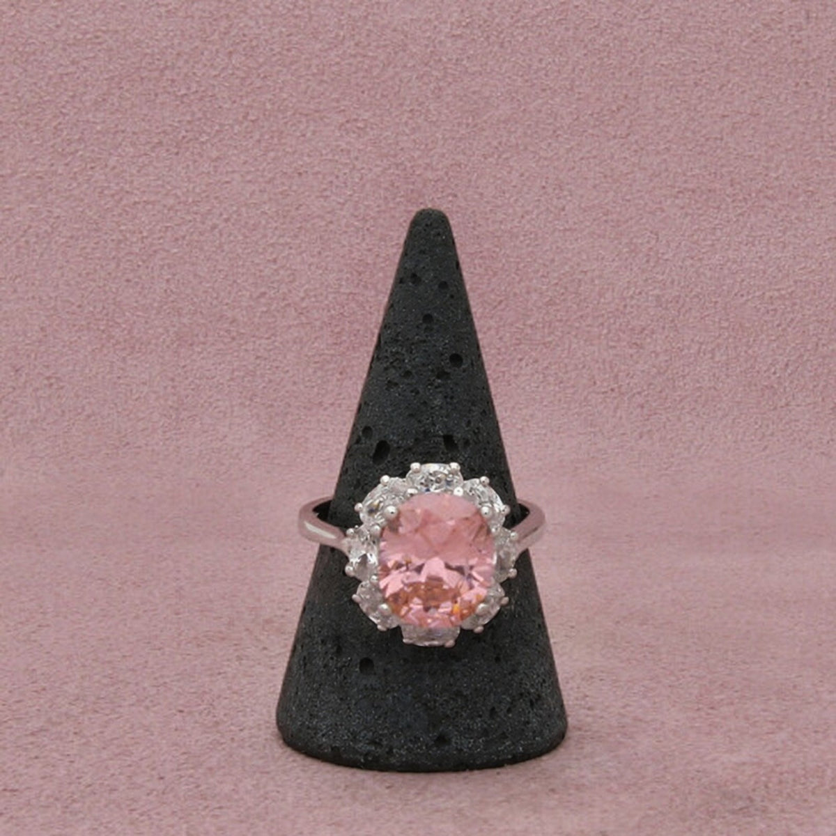 Sterling Silver Pink & Clear Cz Halo Oval-Cut Prong-Set Ring Size 10