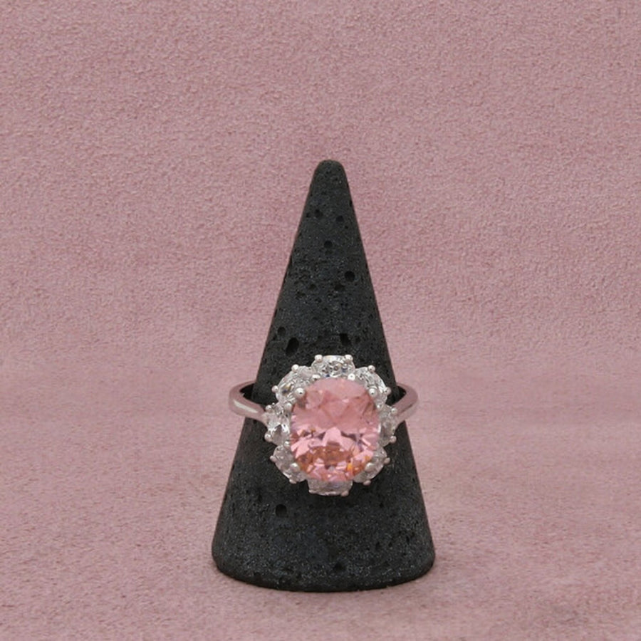 Sterling Silver Pink & Clear Cz Halo Oval-Cut Prong-Set Ring Size 10