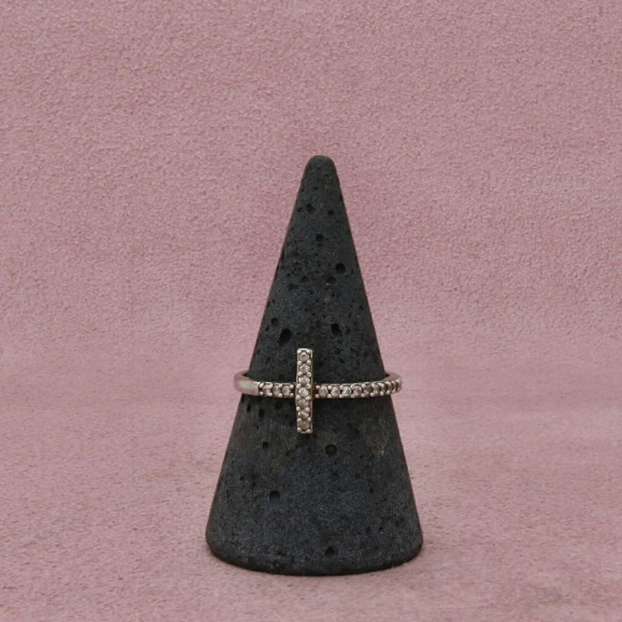 Sterling Silver Cz Cross Stack Sideways Cross Stone-Set Delicate Band Ring 8