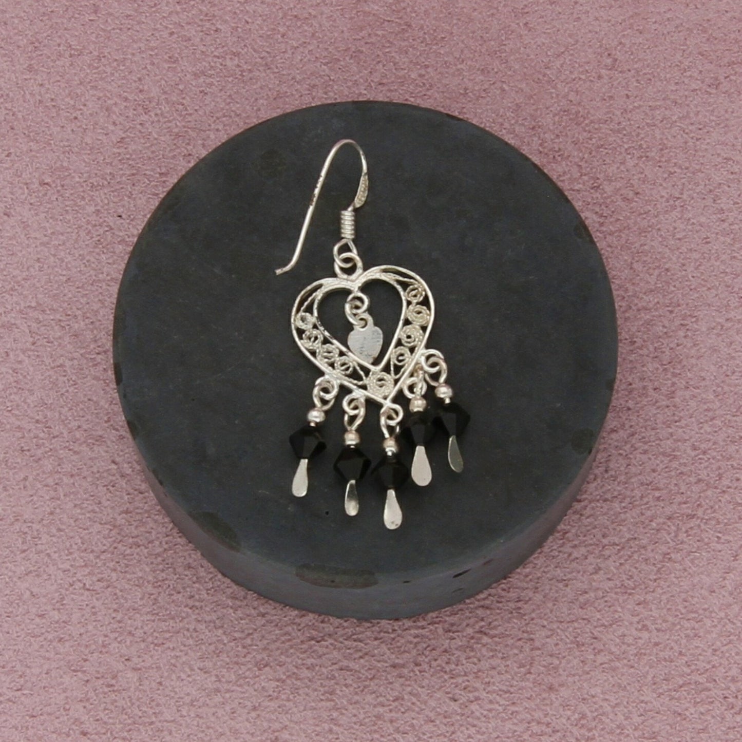 sterling silver filigree heart black bead fringe dangle earrings