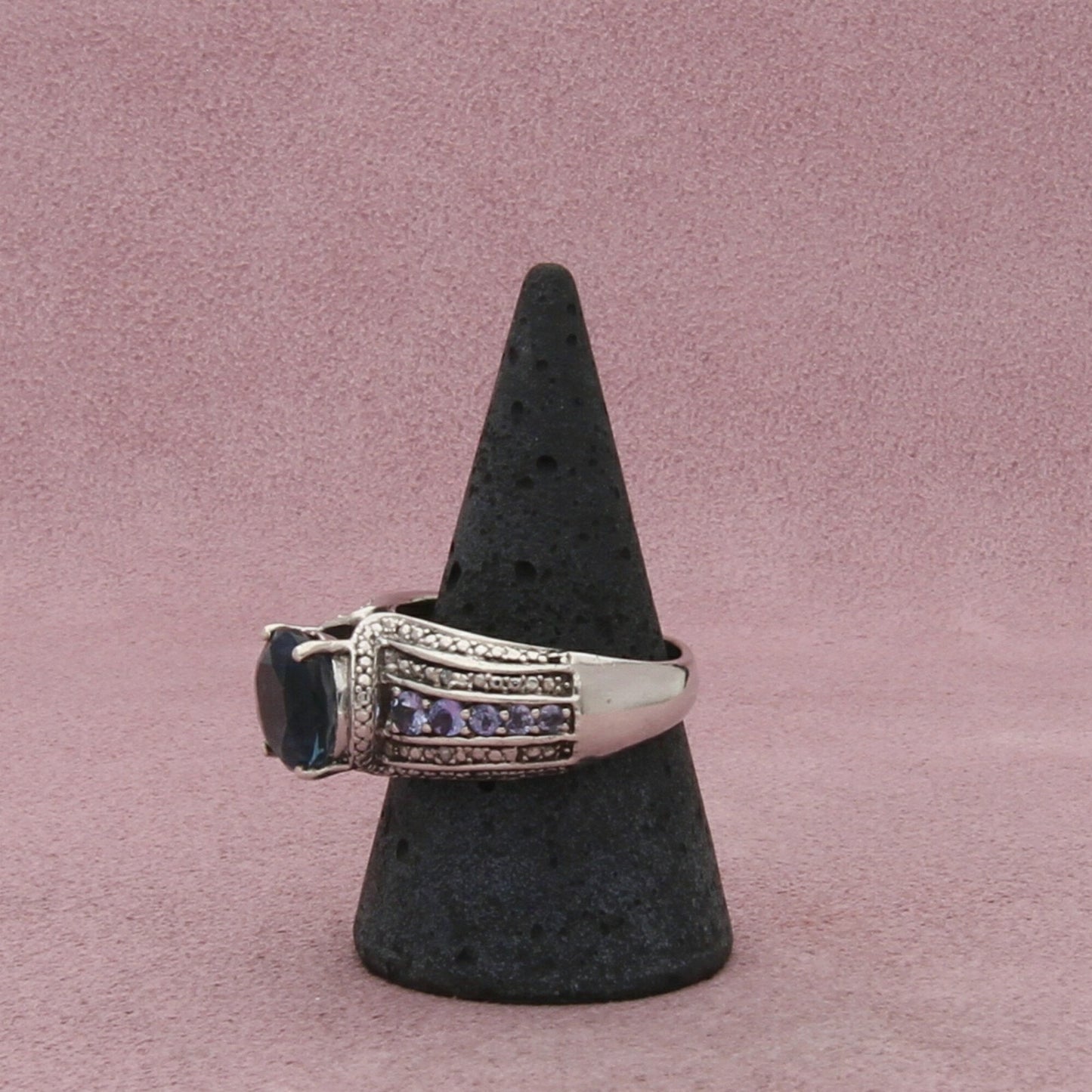 sterling silver round-cut blue spinel & cz ring size 9.75