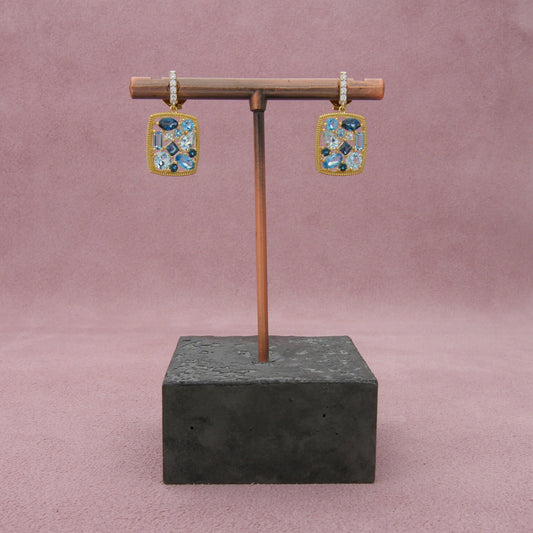 sloane street 18k yellow gold sky & london blue topaz cluster diamond earrings