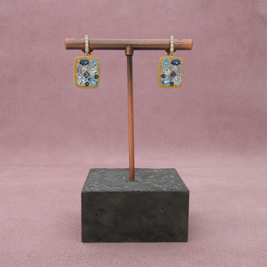 sloane street 18k yellow gold sky & london blue topaz cluster diamond earrings