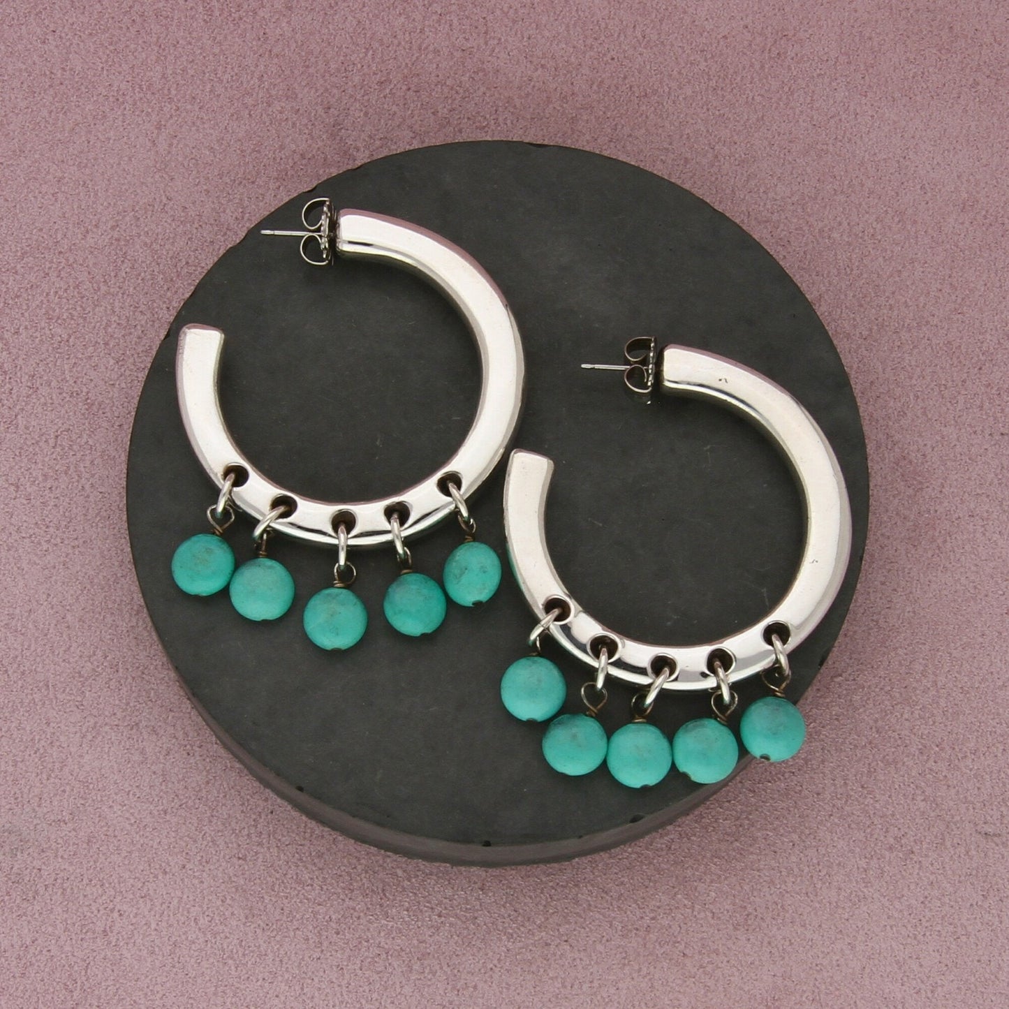 sterling silver electroform turquoise bead dangle hoop earrings
