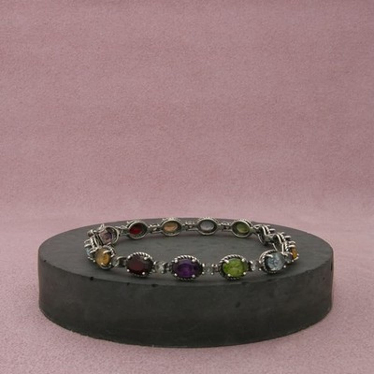 Sterling Silver Blue Topaz & Citrine Garnet Amethyst Tennis Bracelet Size 7in