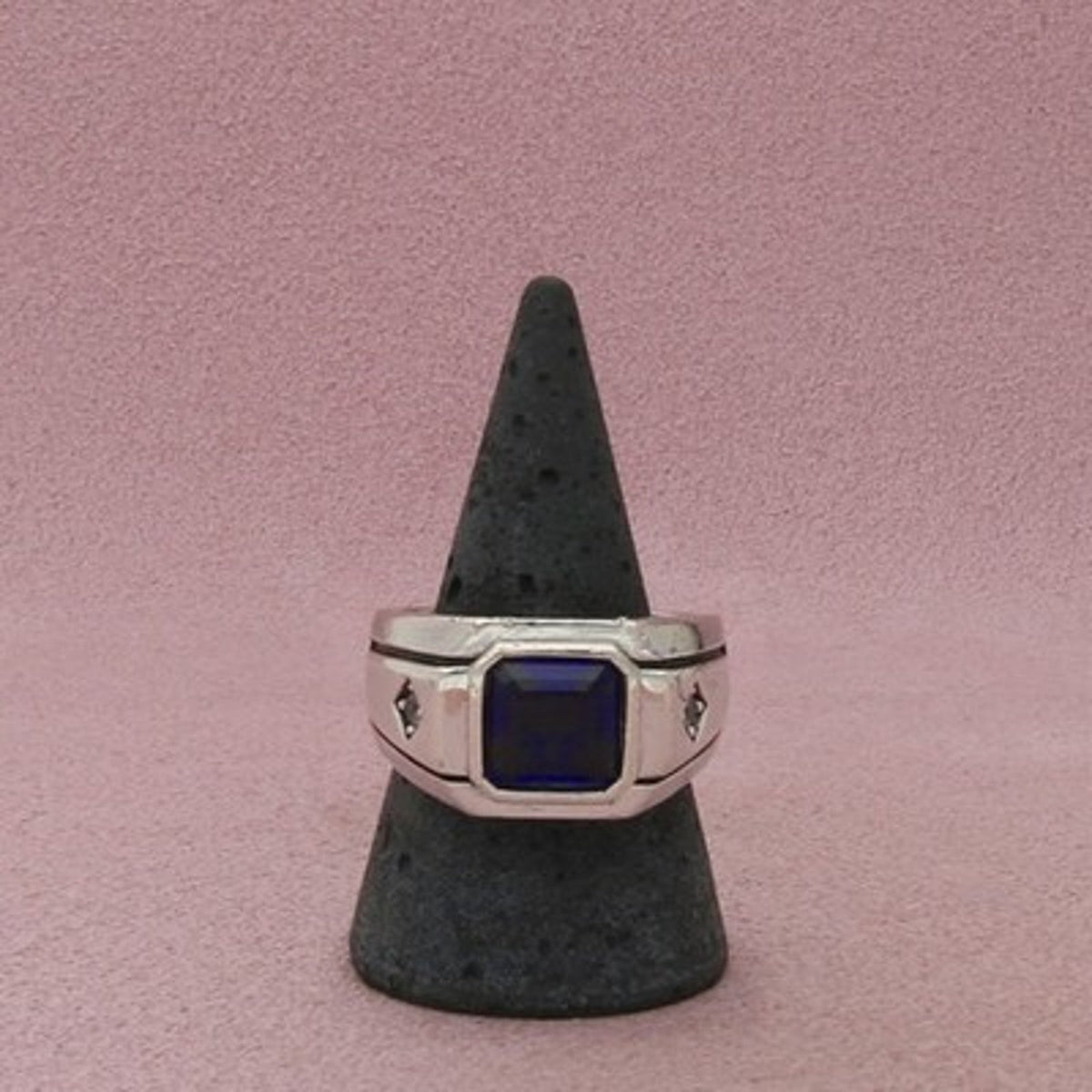 Sterling Silver Men's Vintage Sapphire & White Topaz Bezel Signet Ring 10.25
