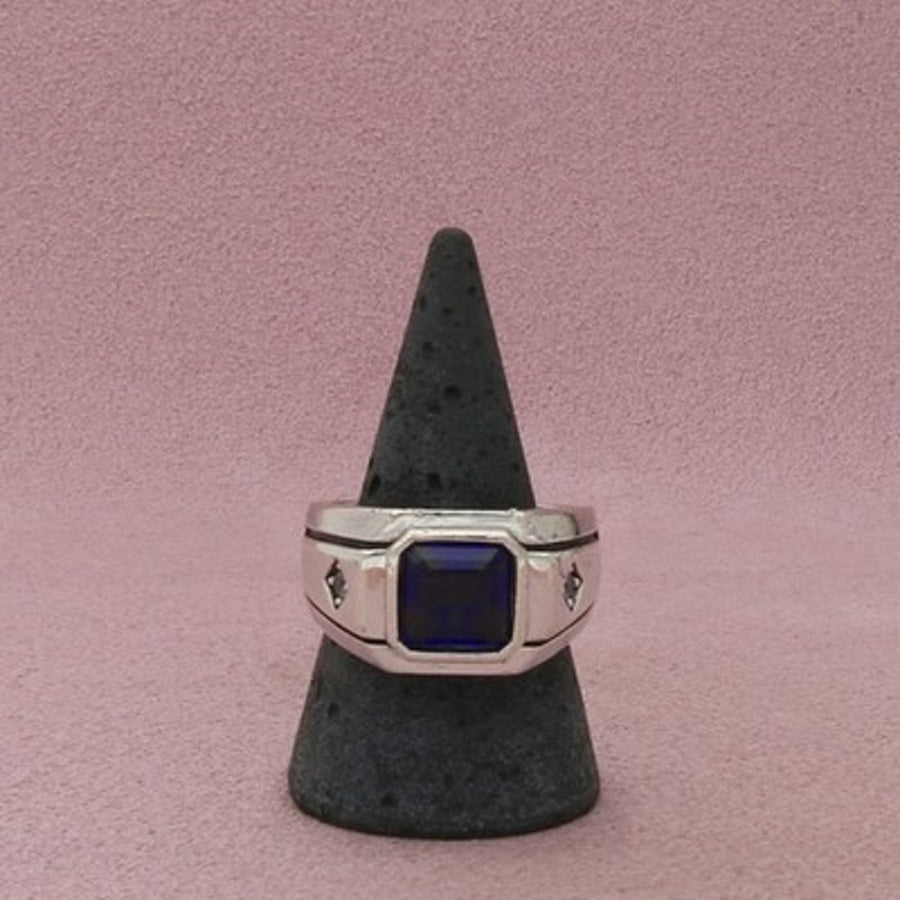 Sterling Silver Men's Vintage Sapphire & White Topaz Bezel Signet Ring 10.25