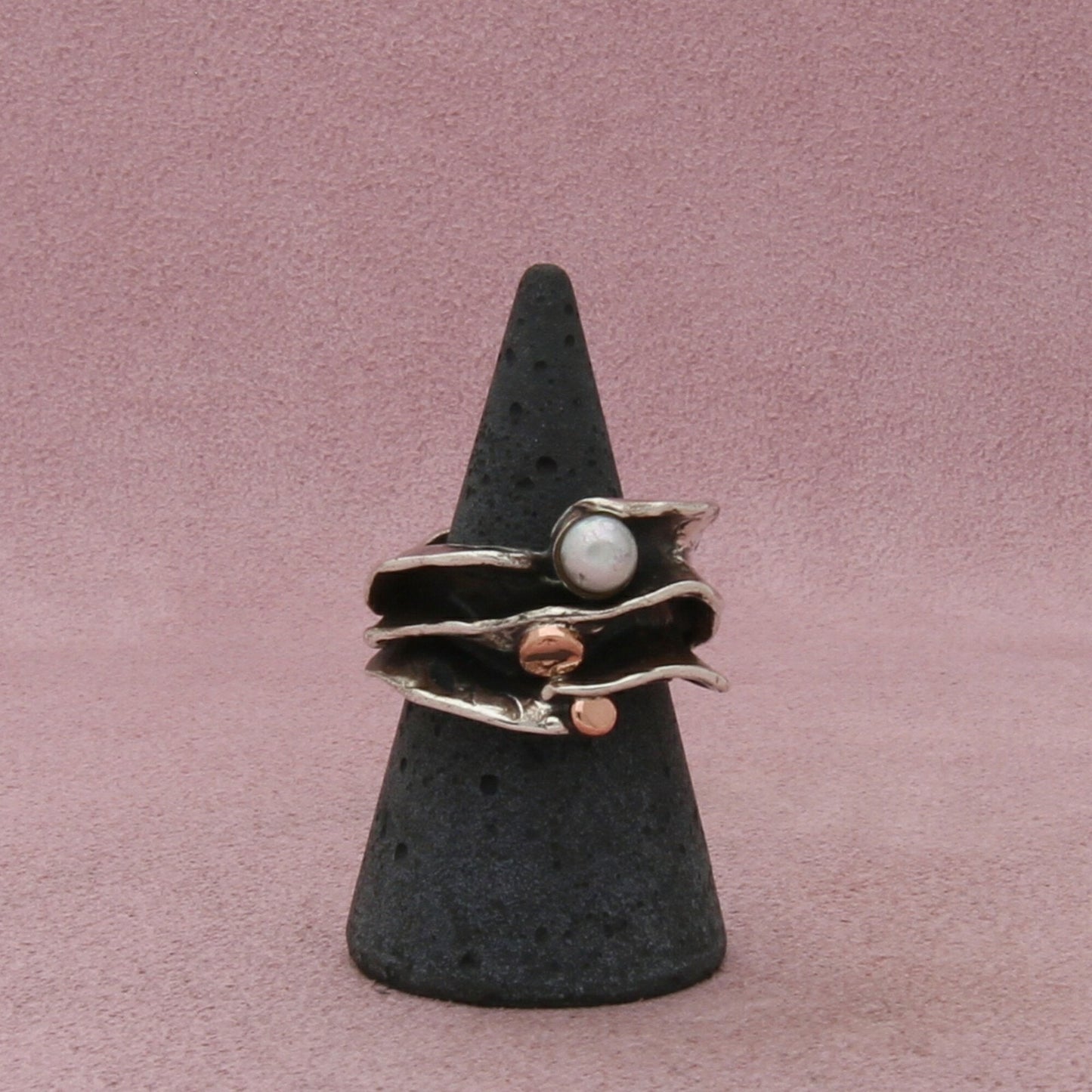 sterling silver & 14k gold vintage artisan made pearl ring size 6