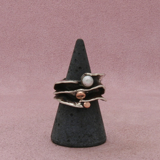 sterling silver & 14k gold vintage artisan made pearl ring size 6