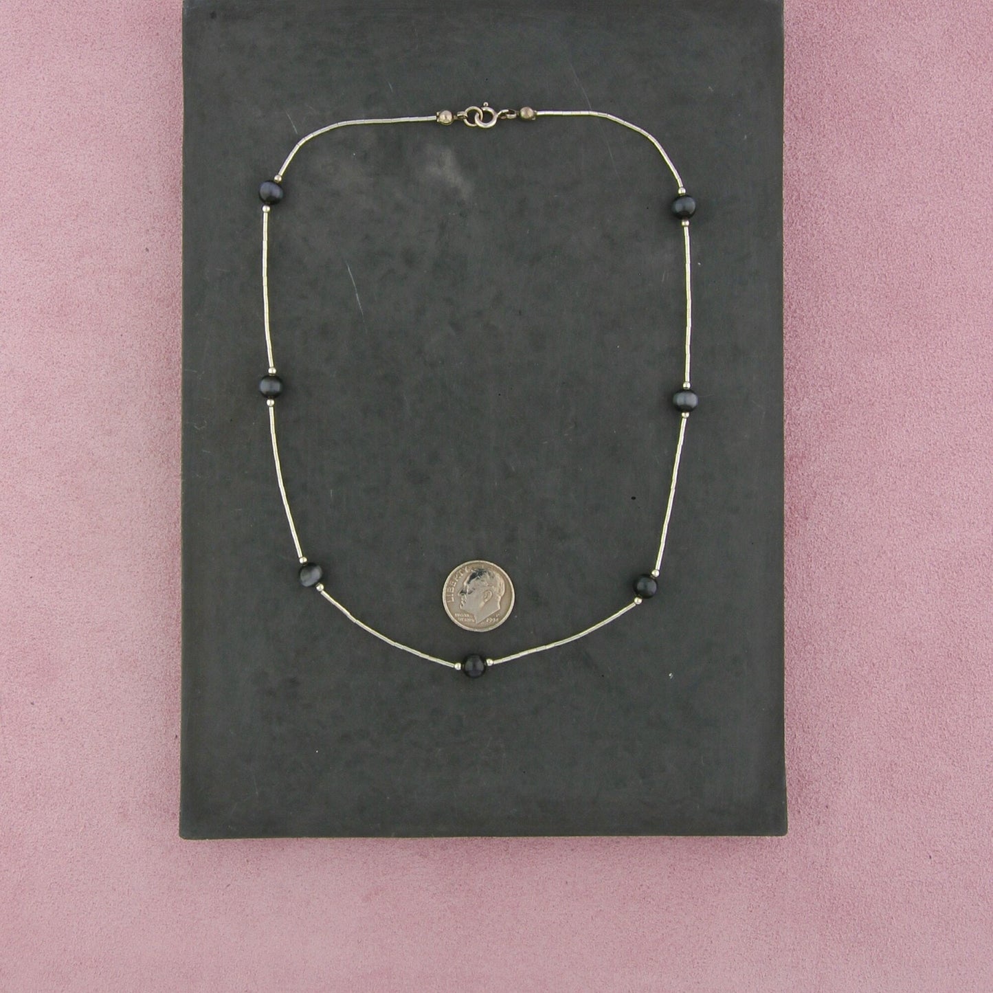 sterling silver black cats eye bead station necklace size 16in
